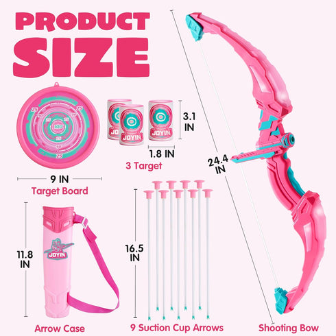 Set Set 9 3-12 JOYIN Pink Bow and Arrow for Girls, LED Light Up Archery Toy with Suction Cup Arrows, Target & Arrow