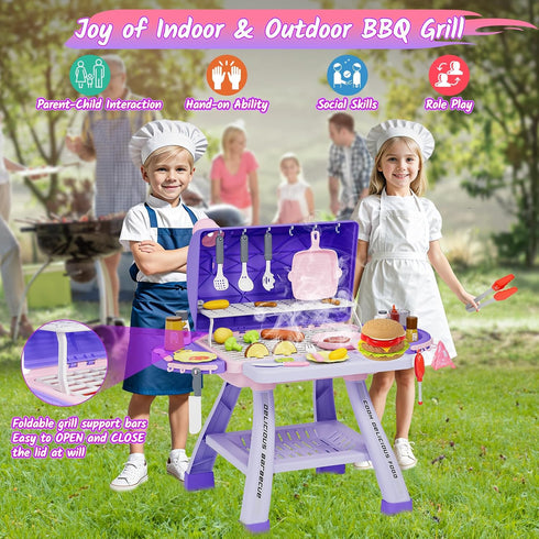 Playset 3-5 New Upgraded Kids BBQ Grill with Smoke, Sound&Light, Toy Grill for Girls, Pretend Food Hamburger, Kitchen