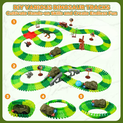 3 4 5 6 7 Set Dinosaur Track Race Car Toys - Birthday Toys Gifts for Year Old Boys Girls - Flexible Dinosaur Track Car
