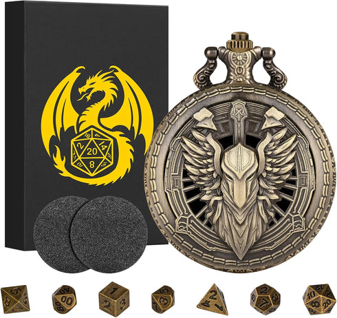 Mini DND Dice Set 7pcs Polyhedral Metal D&D Dice Steampunk Hollow Paladin Knight Warrior Pocket Watch Shell Case
