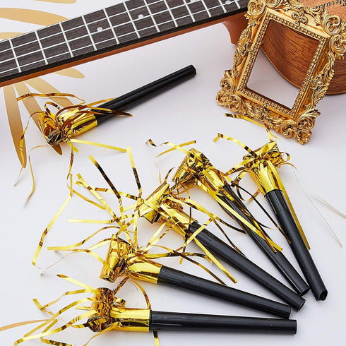 Skylety 18 Pcs Party Blower Noisemakers, Gold Musical Blowouts for Halloween, Christmas, New Year, Birthday Party