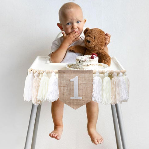 1st Birthday High Chair Banner - White Tassel Theme Banner For Girl - First Birthday Party Banner - White Fringe Wood