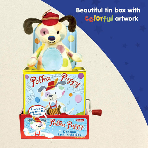 18 Schylling Polka Puppy Jack in the Box - Classic Children's Musical Toy that Dances - Colorful Embossed Tin Box