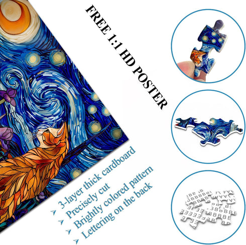 PICKFORU Cat Puzzles for Adults 1000 Pieces, Stained Glass Purple Iris Flowers and Moonlit Cat