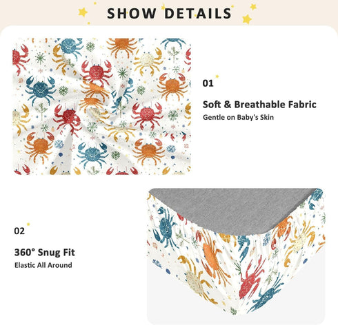miaozhen 1 Pack 52x28 Cotton Baby Crib Sheets Comfy Breathable Rainbow Playful Crab Colorful Toddler Mattress Sheet