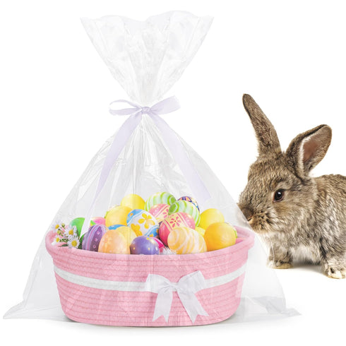 Gift Basket with Bow and Gift Bag, Simplicity Home Decor Rope Basket for Gifts, Empty Storage Basket, Pink