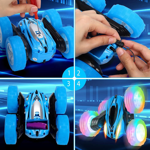 3Pcs Remote Control Car Toys for Kids, 2.4GHz RC Stunt Cars with Wheel Lights, 360° Rotating Cars (Blue+Red+Green)