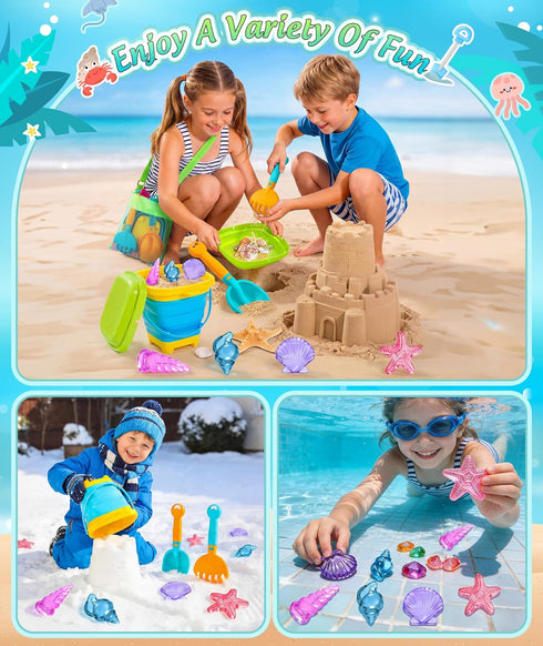 Set DUDUCOFU Collapsible Beach Sand Toys for Kids Toddlers, Collapsible Sand Buckets Sifter and Shovels Rake Diving Gem