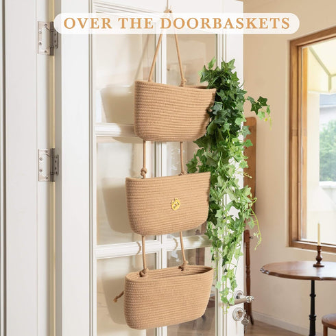 3-Tier TeoKJ Over the Door Hanging Basket, Woven Cotton Wall-Mounted Storage Organizer Bag Decorative Hanging Nursery