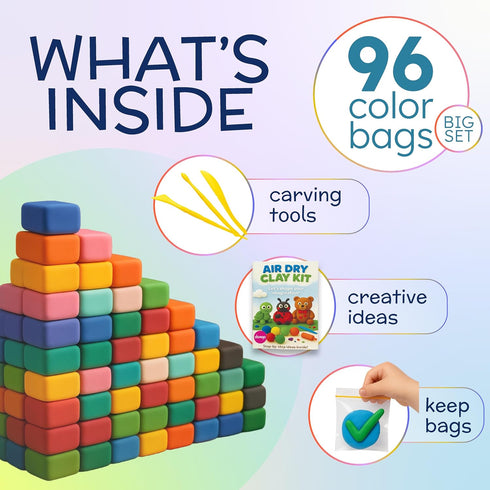 domqo 96 3+ Air Dry Clay Kit Colors for Kids, Lightweight and Non-Sticky Modeling Clay with Sculpting Tools and Storage