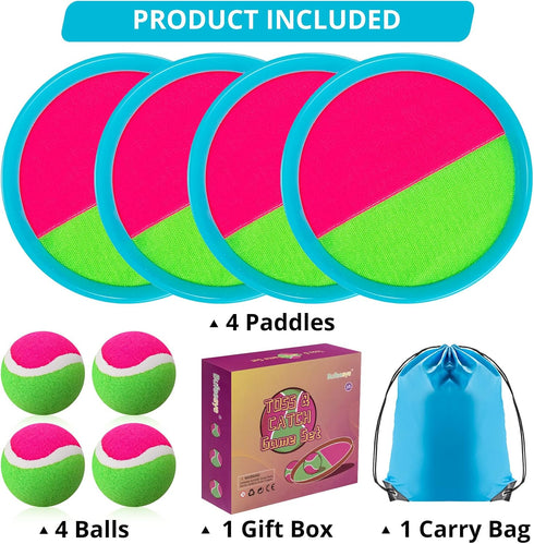 Outdoor Games for Kids Ages 4-8 - Toss and Catch Ball Set with 4 Paddles, 4 Balls, Storage Bag, Yard Fun