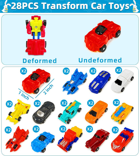 28 Pack 14 Easter Basket Stuffers, Transforming Car Robot Toys Easter Gifts for Kids Classroom Exchange Style Mini