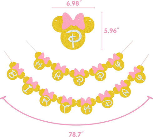 Pink and Gold Glitter Happy Birthday Banner, Minnie Themed Party Supplies Decoration for Girls