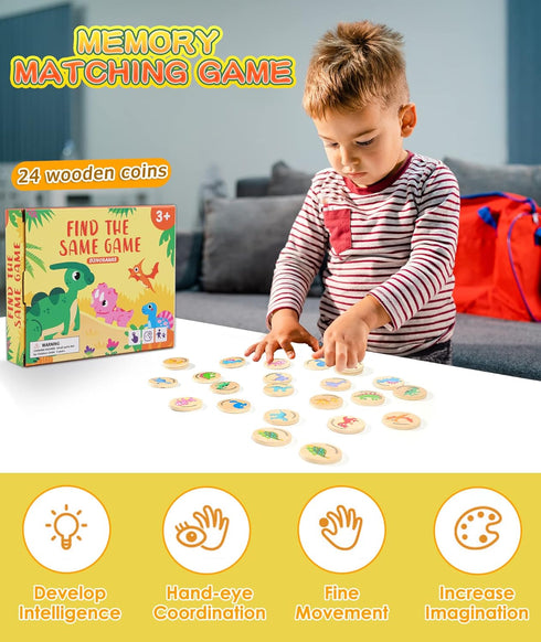 Wooden Match Memory Game for Kids, 24Pc Matching Cards with 5Pc Stickers, Educational Game for Pre-K Development