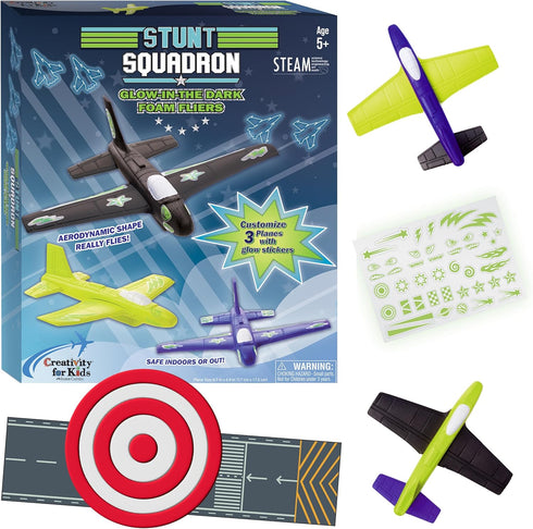 Creativity for Kids Stunt Squadron Glow-in-The-Dark Foam Fliers - Create 3 Foam Airplane Toys, STEM Kits for Ages 5-8+