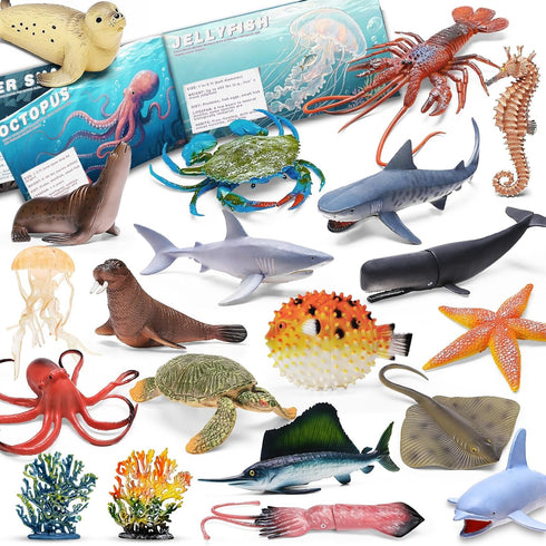 MOEAWS 20 Pcs Ocean Animal Toy with Educational Booklet, Plastic Sea Animal with