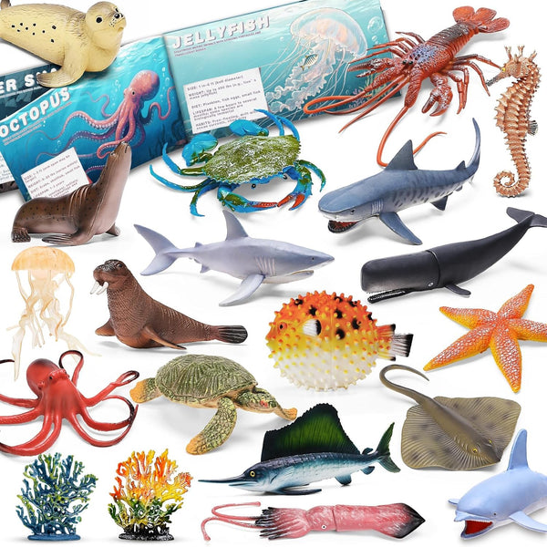 MOEAWS 20 Pcs Ocean Animal Toy with Educational Booklet, Plastic Sea Animal with