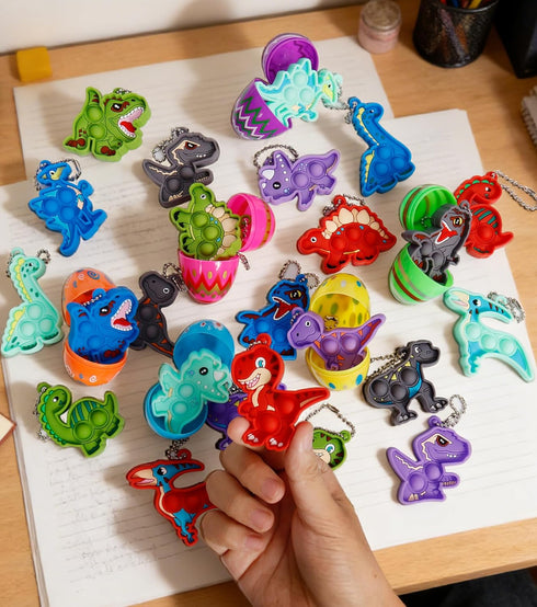 24 Pack Prefilled Easter Eggs with Dinosaur Pop Keychain Toys for Egg Hunt Easter Party Favors for Kids Boys Girls