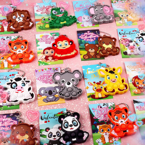 24 PACK Kiss Monkey Valentines Day Gifts for Kids, Valentines Cards for Kids Classroom with Animals Pop Fidget Toys