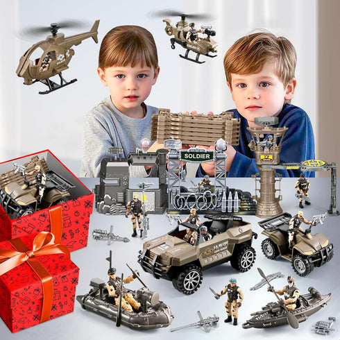 JASSKKBO 88-in-1 Sets 4-7 8-12, Army Men Toys for Boys Military Base/Truck/Helicopter/Kayak Boat/Motorcycle/Army Men