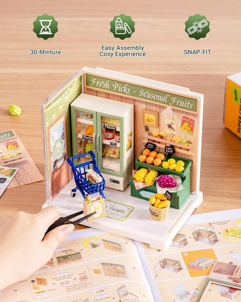 Set 14+, Rolife Super Creator Mini Series Fruits Shop, DIY Plastic Miniature Kits Retail Store Series, Mini Model House
