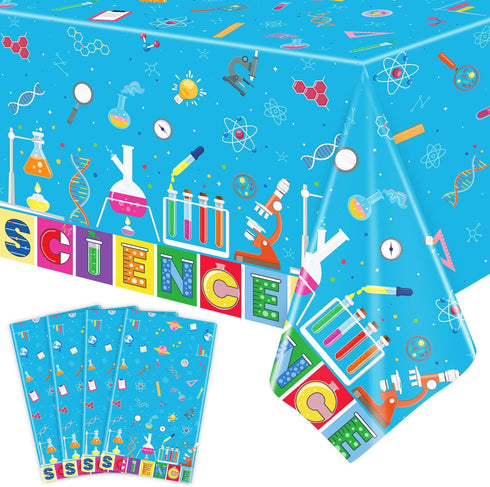 4 PCS Science Party Tablecloth Decorations, Mad Scientist Theme Birthday Party Supplies, 51 x 86in Rectangular Covers