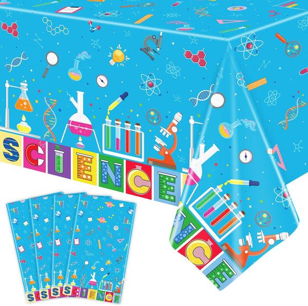 4 PCS Science Party Tablecloth Decorations, Mad Scientist Theme Birthday Party Supplies, 51 x 86in Rectangular Covers