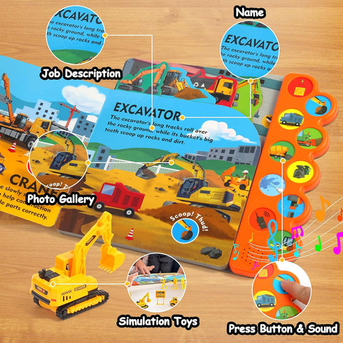 Construction Toys with Sound Books - Dig It! Dump It! Build It! Board Book with 10 Buttons & 20 PCS Toys