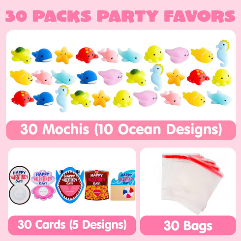 30 Packs JOYIN Valentines Day Gift Cards with Mochi Squishy Toys, Stress Relief Fidget Toys, Kawaii Mochi Squeezes
