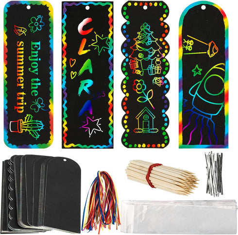 36 Sets Magic Scratch Art Bookmarks, 4 Style Rainbow Scratch Paper Art DIY Bookmarks for Party Favors