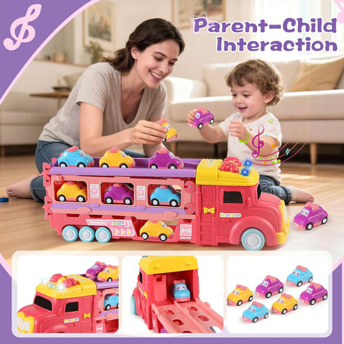 aruemp 12 1 2-Player 3 in Princess Carrier Truck with Girls Car Toys, Race Mode Friction Power Toy Cars with Light