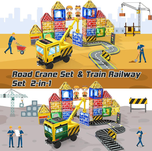 Magnetic Tiles Construction Set with 2 Cranes | Boys Toys for Ages 3-10 | Includes Crane, Road Tracks, Train & Dolls