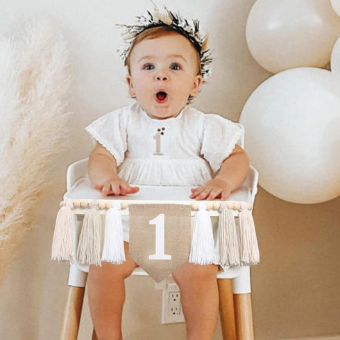 1st 1st BOOMPA White Birthday High Chair Banner - Wood Bead Tassel Garland - Pure Angel Birthday Photo Backdrop - Wall