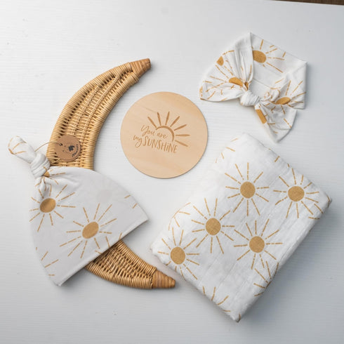 Miaoberry 100% Organic Cotton Baby Muslin Swaddle Blanket Set| Golden Boho Sunrays|
