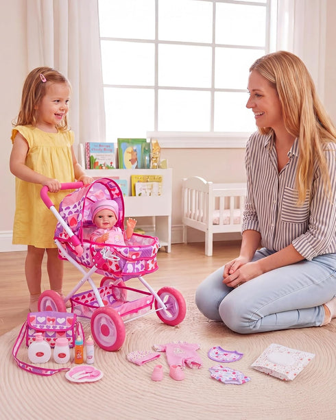 Set 12 Inch 14 Set, 3yrs+ BABESIDE Baby Doll Stroller with Baby Doll, Pcs Baby Doll Accessories, Folding Doll Pram
