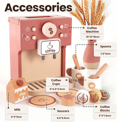 Playset 3 4 5 BUYGER Toy Coffee Maker for Kids, Wooden Coffee Pretend Play Kitchen Accessories Gifts for Ages Year Old