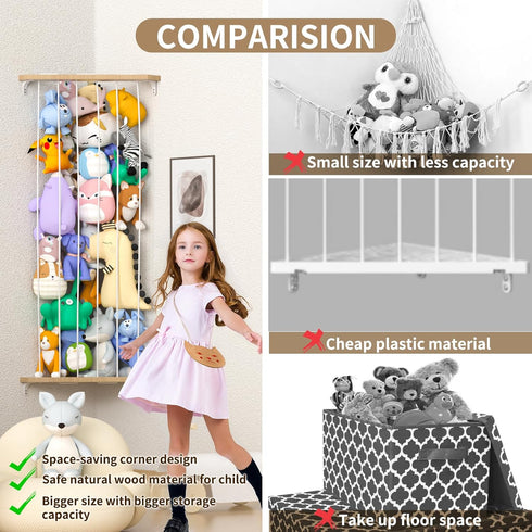 Stuffed Animal Storage Organizer, Upgraded Hammock Corner & Net for Plushie Toys with Adjustable Height for Kids