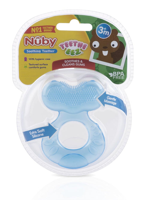 Silicone Teethe-eez Teether by Nuby, with Bristles, Hygienic Case, Blue