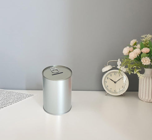 Metal Piggy Bank for Adults & Kids, No Break to Open, Easy-Open-End Lid, Silver