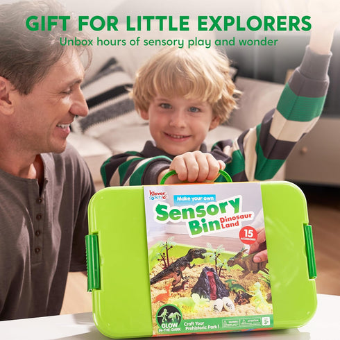 3+ JOVA Klever Kits Dinosaurs Sensory Bin Toys for Toddlers with Glow in The Dark Dinosaurs, Sandbox with Lid Sand