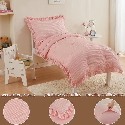 Cozyholy 4 Set Set Set Piece Textured Seersucker Toddler Bedding Girls Crib Sheets Pink Ruffle Baby Bed Comforter