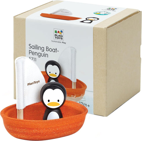 PlanToys Wooden Penguin Sailing Boat Bath Toy for Toddlers | Montessori Floating