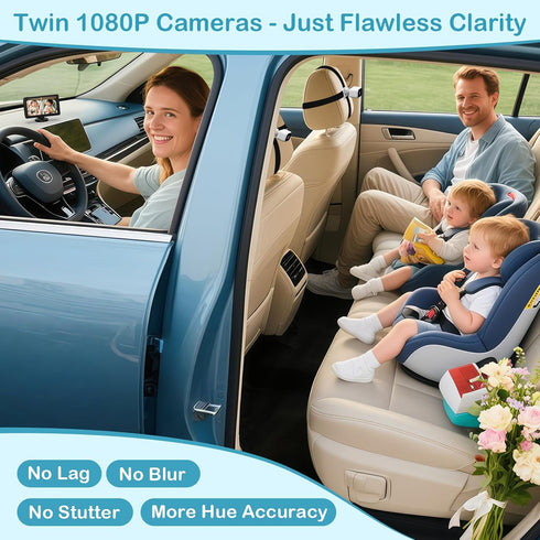 pemacom 2-Kids: 7 Inch 1080P Baby Car Camera for IPS Display with Dual Carseat Cameras, Split Screen, Night Vision, HD