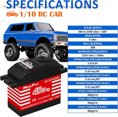 IP67 40KG 25T 1/12 1/10 1/8 Hobby Fans RC Digital Servo, Waterproof Metal Gear Servo High Torque Servo with Servo Horn