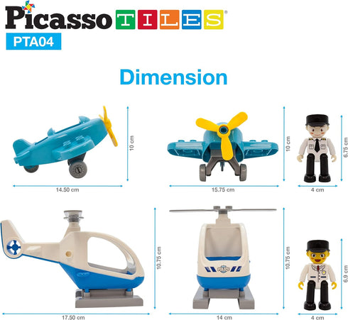 PicassoTiles 4 Piece Magnetic Figures Aircraft Action Figure Magnet Airplane Helicopter Expansion Pack Toddler Toy Set