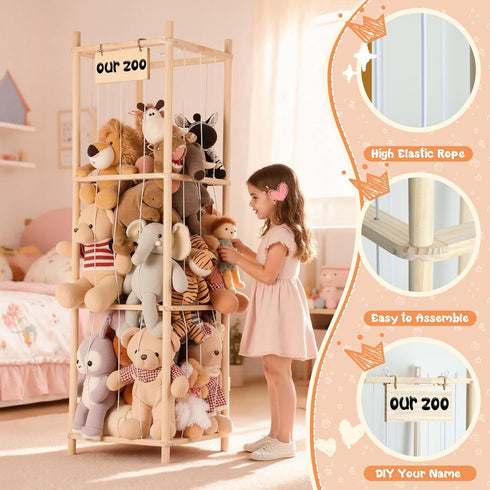LAMU Stuffed Animal Storage, Wooden Zoo Stuffed Animal Holder with Elastic Cords, Space Save Toy Organizer, Extra Large