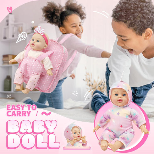 12 Inch Backpack Set 2 3 4 5 SMILESSKIDDO Soft Body Baby Doll for Toddlers with Take Along Dolls Carrier Accessories