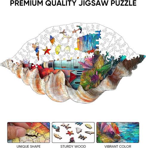 500 Decor,12.8x23.2 inch Ixfyloop Lighthouse Wooden Puzzles for Adults, Seashell Jigsaw Puzzles Pieces, Unique Design