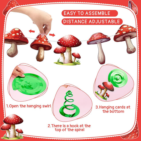 Ribbonlic 34 Pcs Mushroom Garlands Mushroom Hanging Swirls Mushroom Banners Mushroom Hanging Swirls Ceiling Streamers