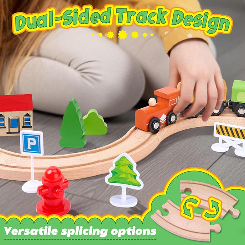 Set 61-Piece 3-8, Playset Wooden Train for Toddlers Kids Ages Double-Sided Expandable Train Track with Puzzles